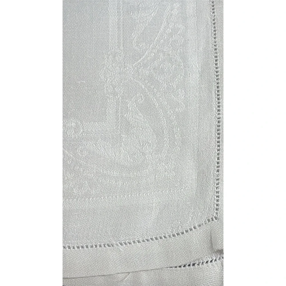 Vintage White Damask Napkin Set Hemstitched Border Scroll Vine Design Set Of 2